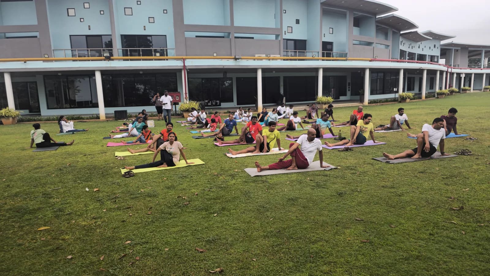 Members practising yoga on the lawn at sunrise
